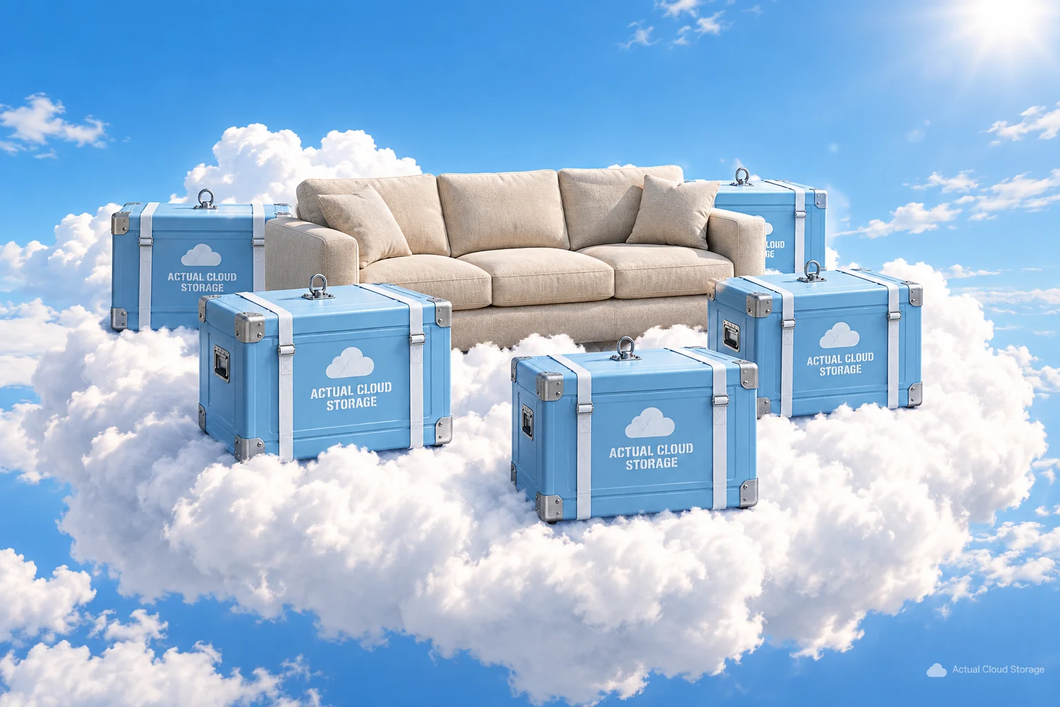 Several Actual Cloud Storage crates and a beige sofa resting on top of a sunlit cumulus cloud