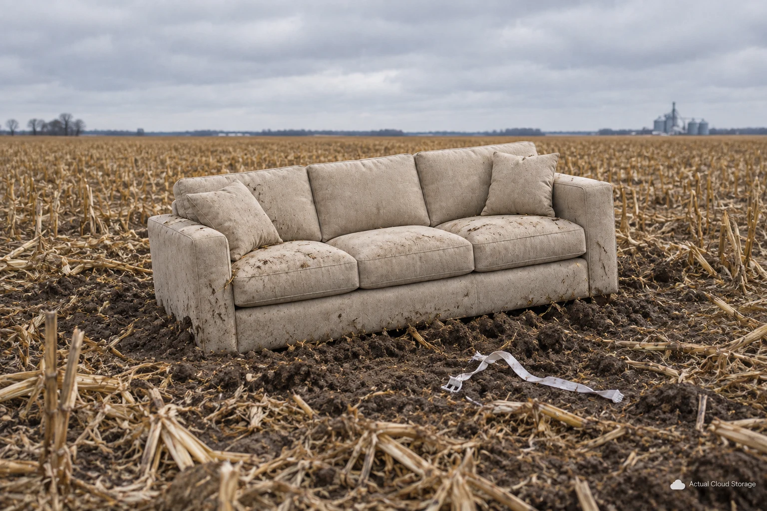 A beige sofa sitting askew in a Nebraska cornfield after falling from a stratus cloud, with a broken strap on the ground