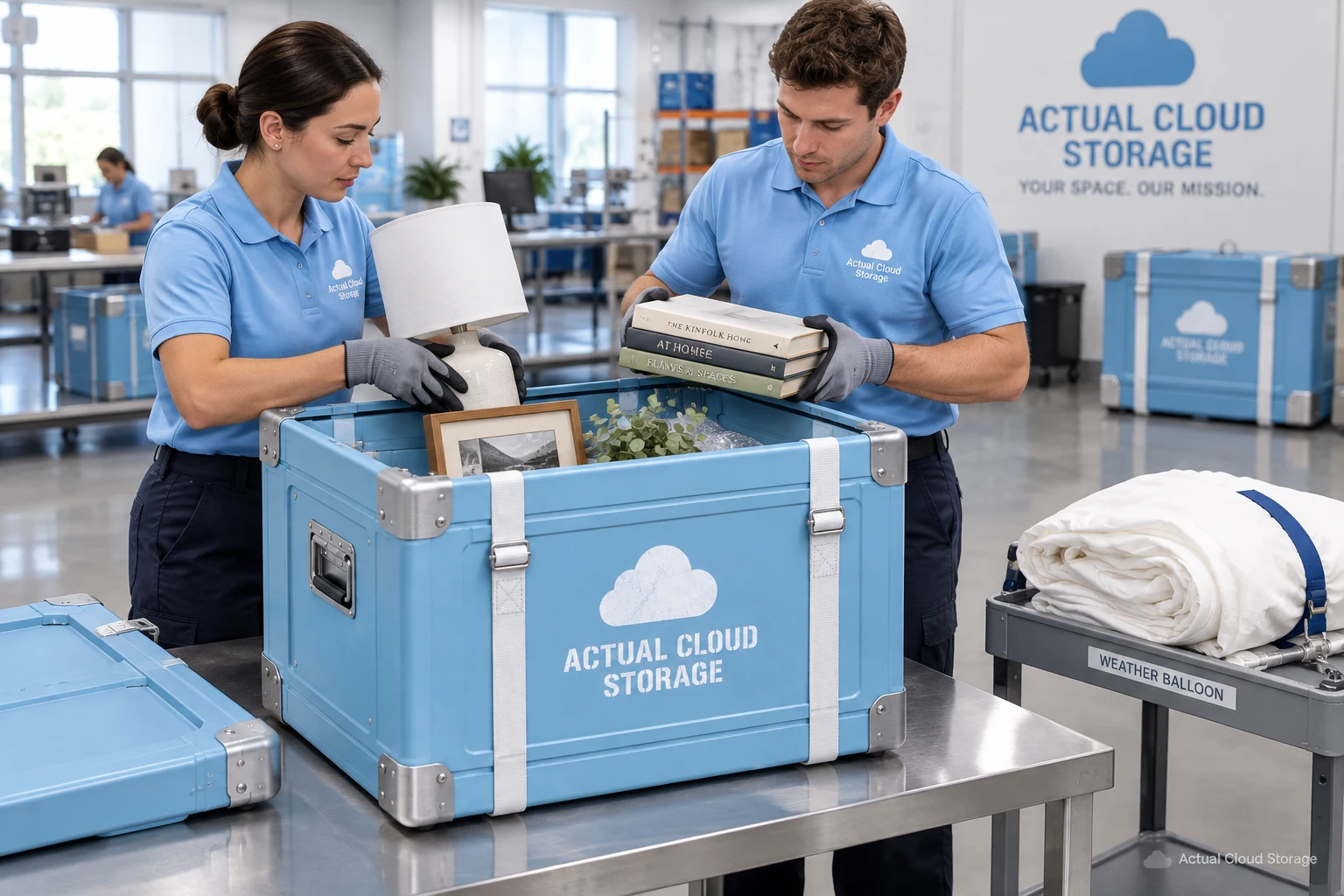 Two technicians in light blue uniforms packing household items into an Actual Cloud Storage crate at an intake facility