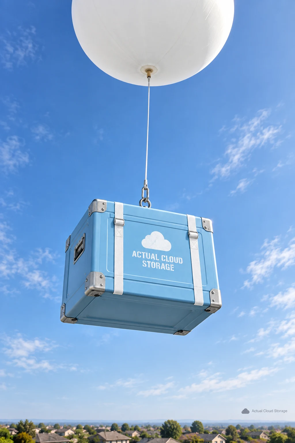 An Actual Cloud Storage crate ascending under a white weather balloon over suburban rooftops