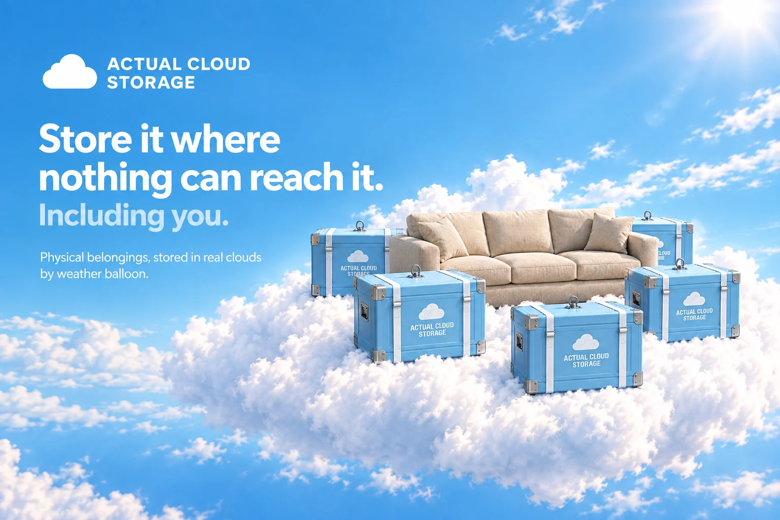 Landscape marketing banner: crates and a sofa on a cumulus cloud with the headline 'Store it where nothing can reach it. Including you.'