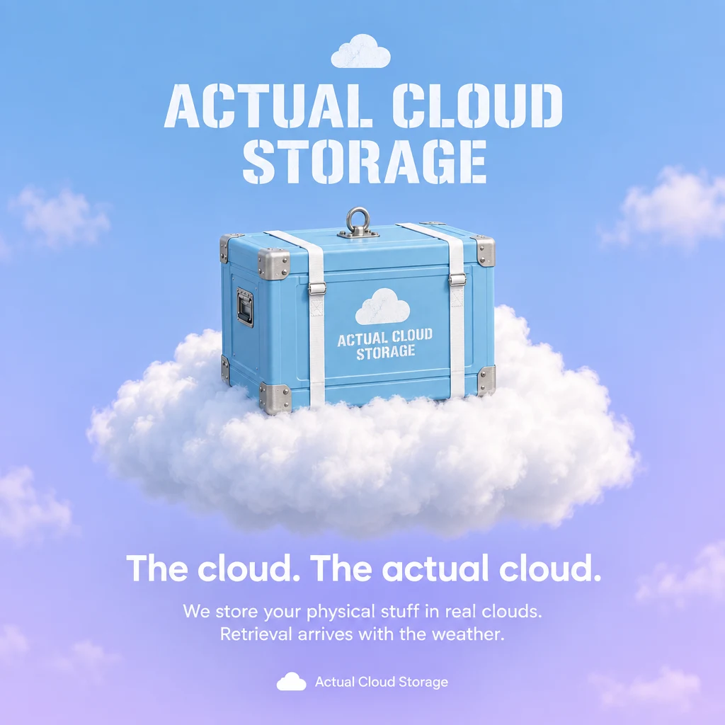 Square social media image: one crate on a small cloud with the tagline 'The cloud. The actual cloud.'