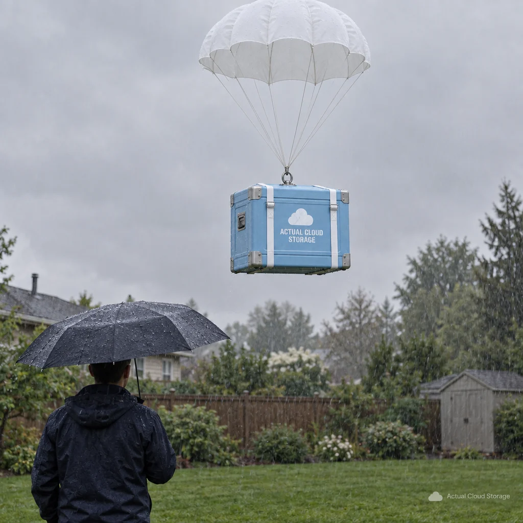 An Actual Cloud Storage crate descending on a small cargo parachute through light rain toward a backyard