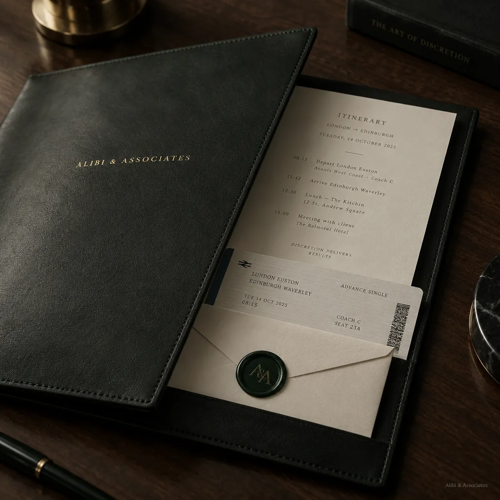 An engagement dossier: itinerary, ticket, and sealed envelope in a leather portfolio