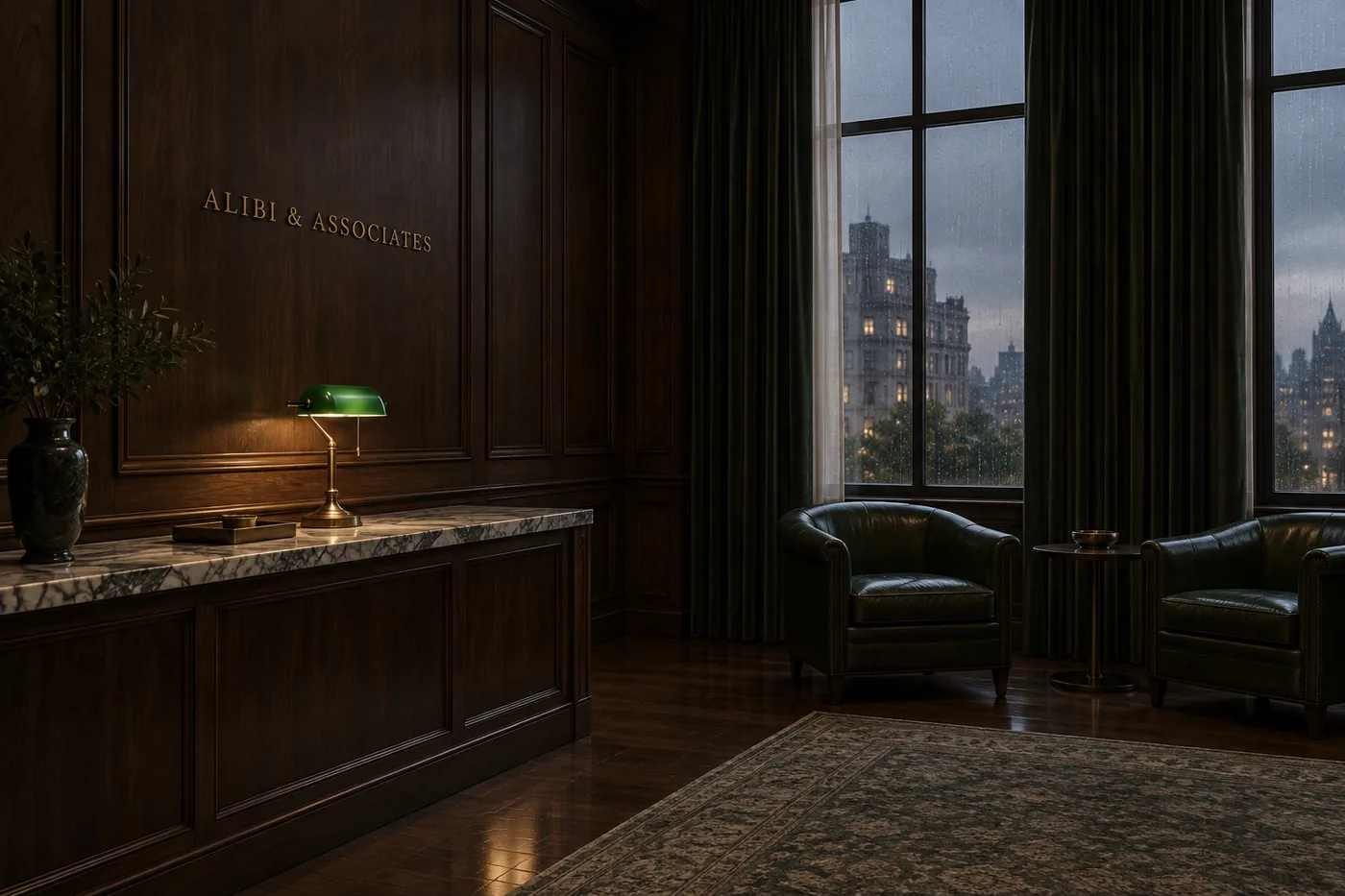 The reception of Alibi & Associates at dusk
