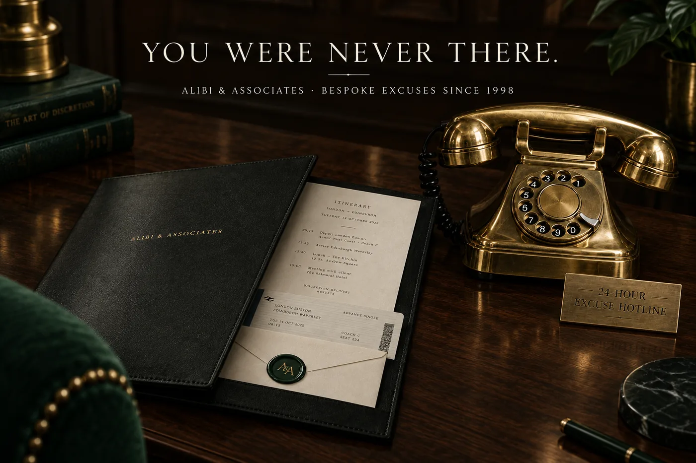 Landscape announcement: You were never there. Alibi & Associates, bespoke excuses since 1998.