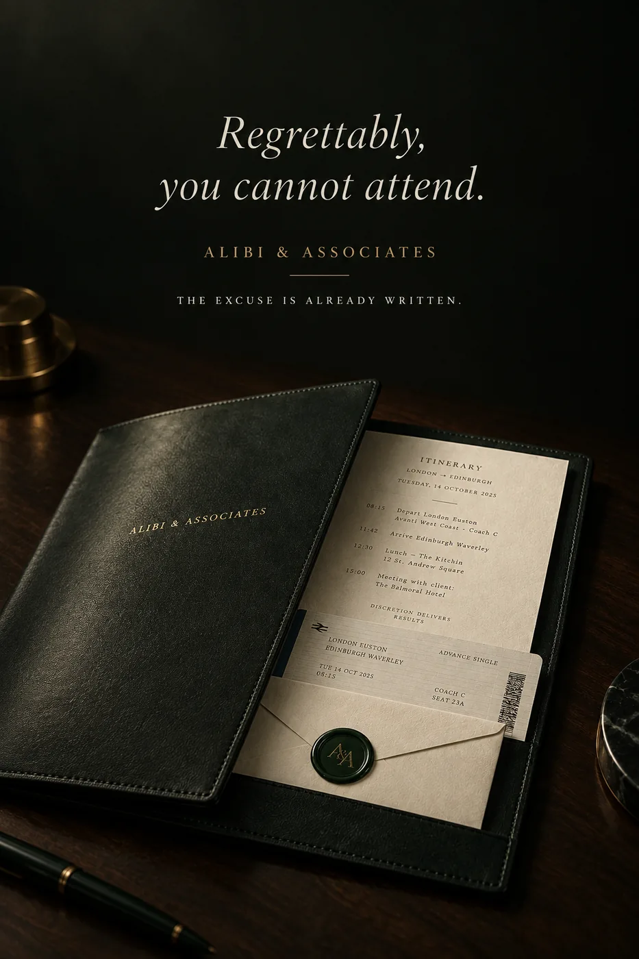 Portrait announcement: Regrettably, you cannot attend. The excuse is already written.