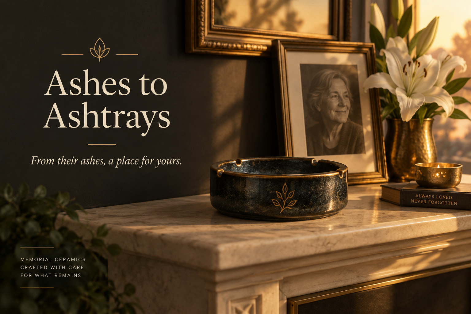 Ashes to Ashtrays landscape poster: From their ashes, a place for yours.