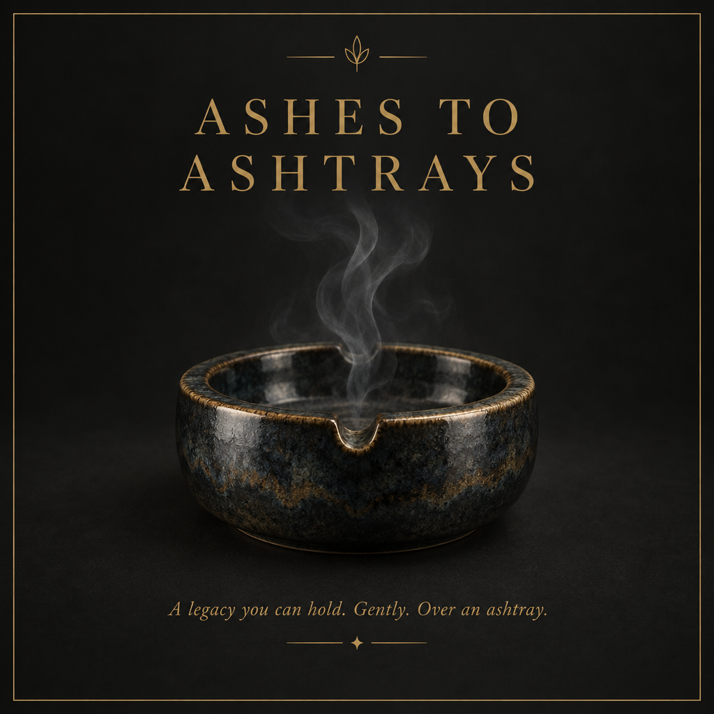 Ashes to Ashtrays square poster: A legacy you can hold. Gently. Over an ashtray.
