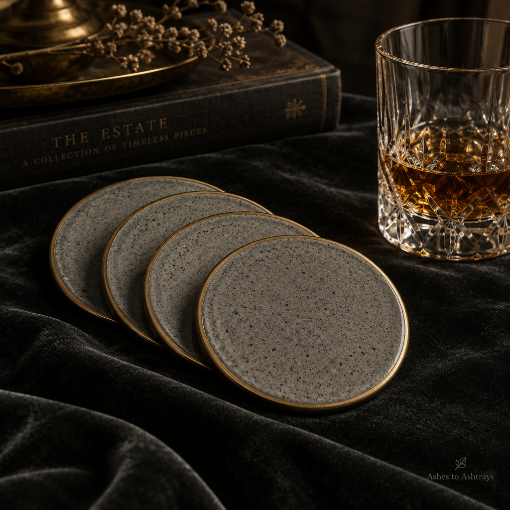 The Estate Coaster Set, four matching ash-glazed ceramic coasters