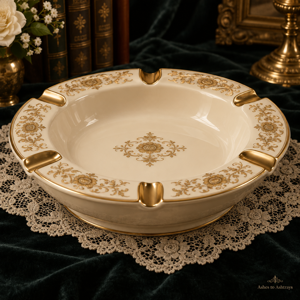 The Matriarch, a wide cream porcelain centerpiece ashtray with gold filigree