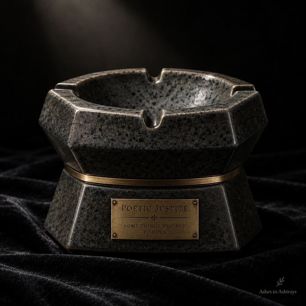 Poetic Justice, an angular dark ceramic ashtray with engraved plaque