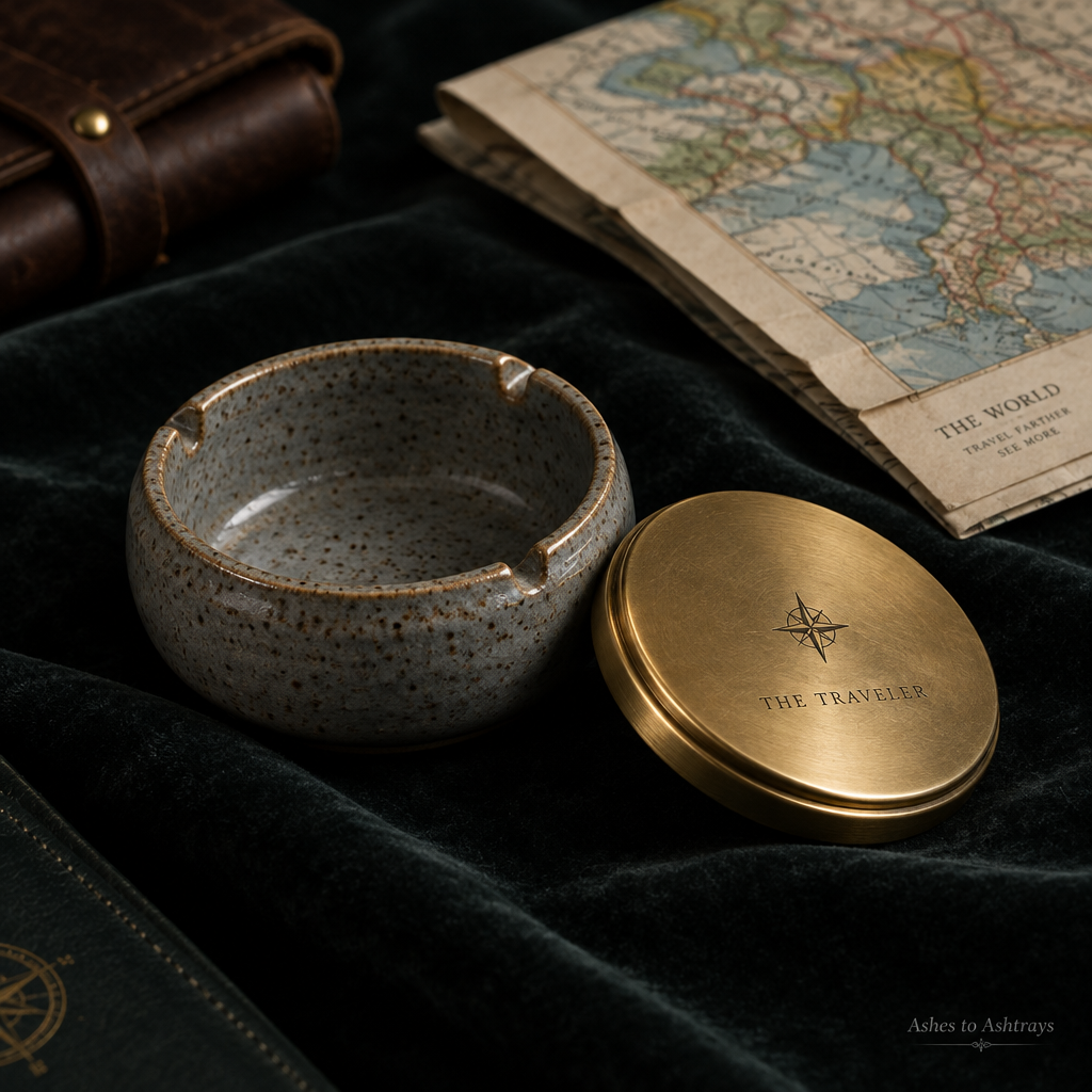 The Traveler, a pocket ceramic ashtray with fitted brass lid