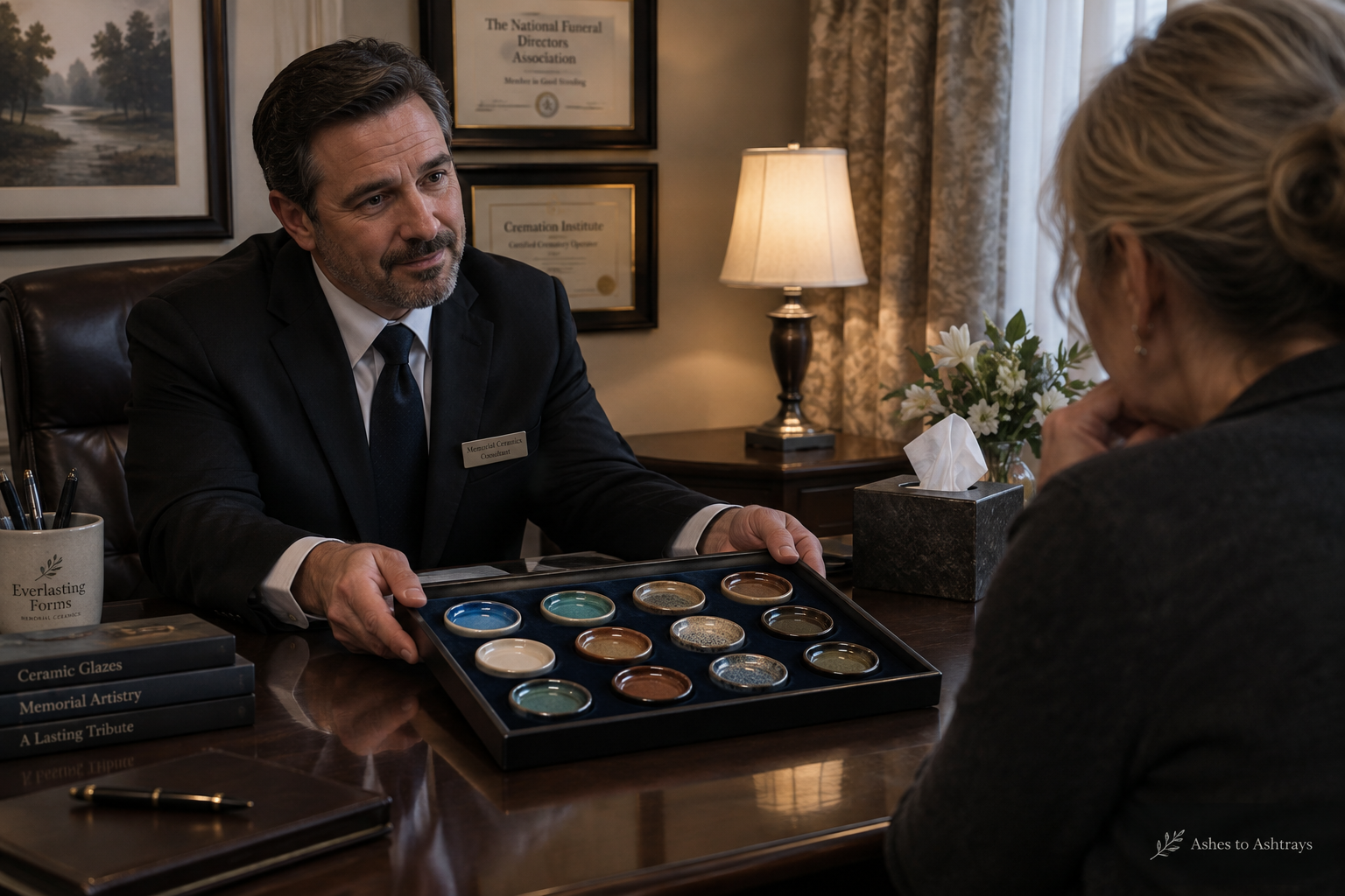 A consultant presenting glaze samples in the consultation room
