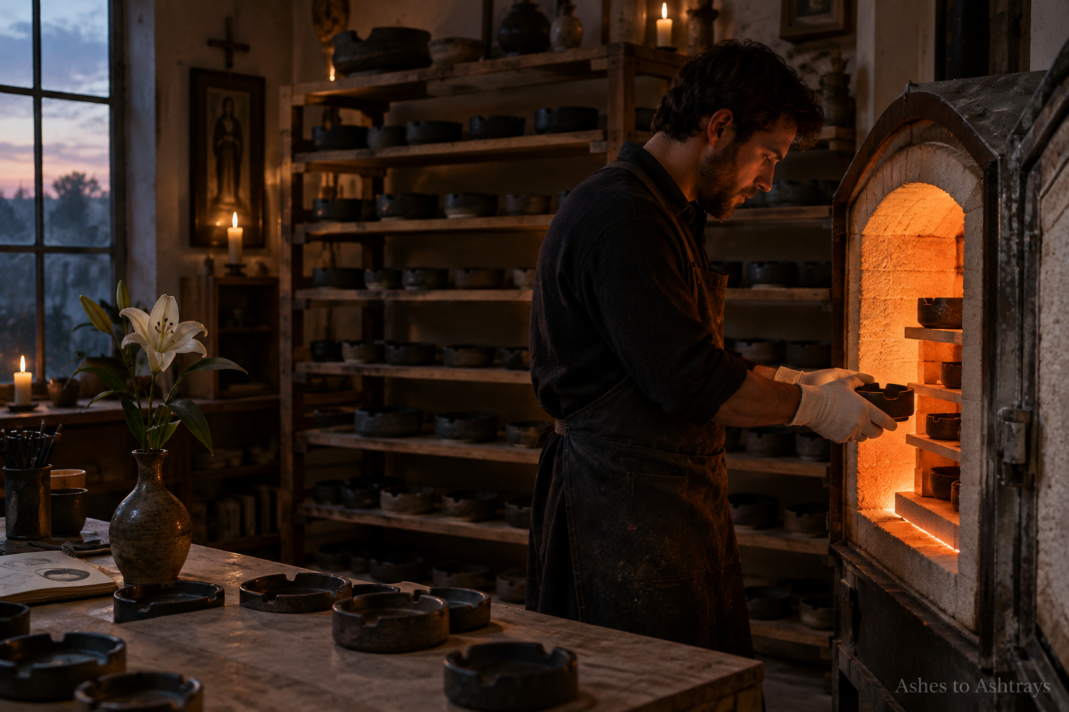 A craftsman placing a vessel into the kiln at the Ashes to Ashtrays studio