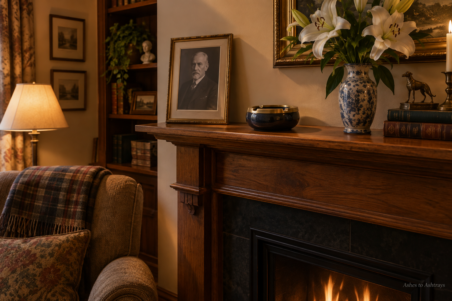A memorial ashtray displayed on a fireplace mantel beside a framed portrait