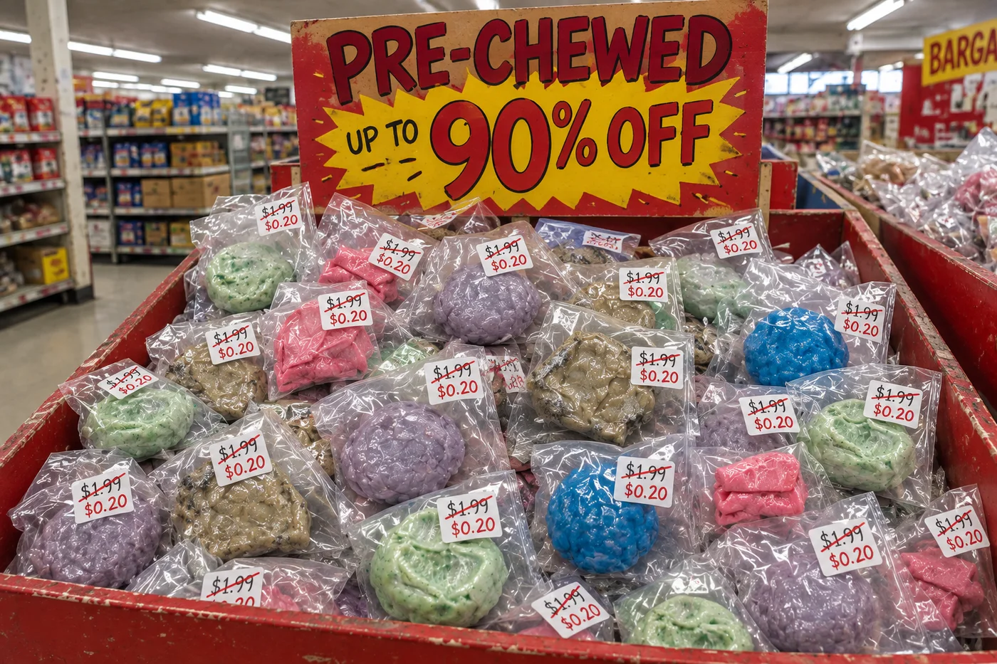 A grocery display bin piled with individually priced, pre-chewed gum wads