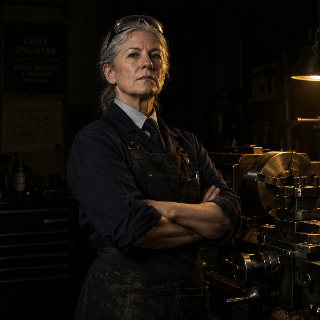 Ruth Gale, founder and chief engineer, standing beside a lathe in the Duluth machine shop.