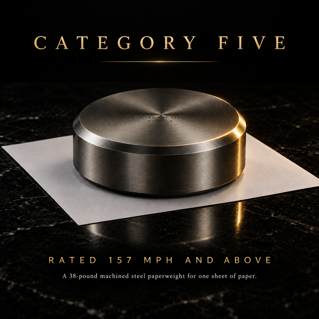 Square campaign poster: the Model 5 centered on its sheet, with the tagline Rated 157 MPH And Above.