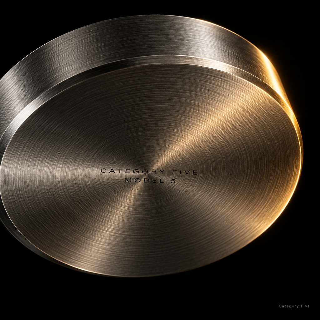 Macro photograph of the Model 5's lapped steel contact face, showing concentric machining rings.