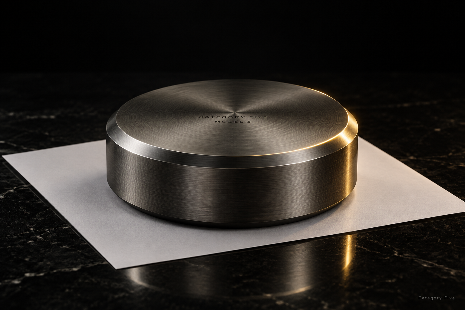 The Model 5, a massive brushed steel paperweight, resting on a single white sheet of paper.