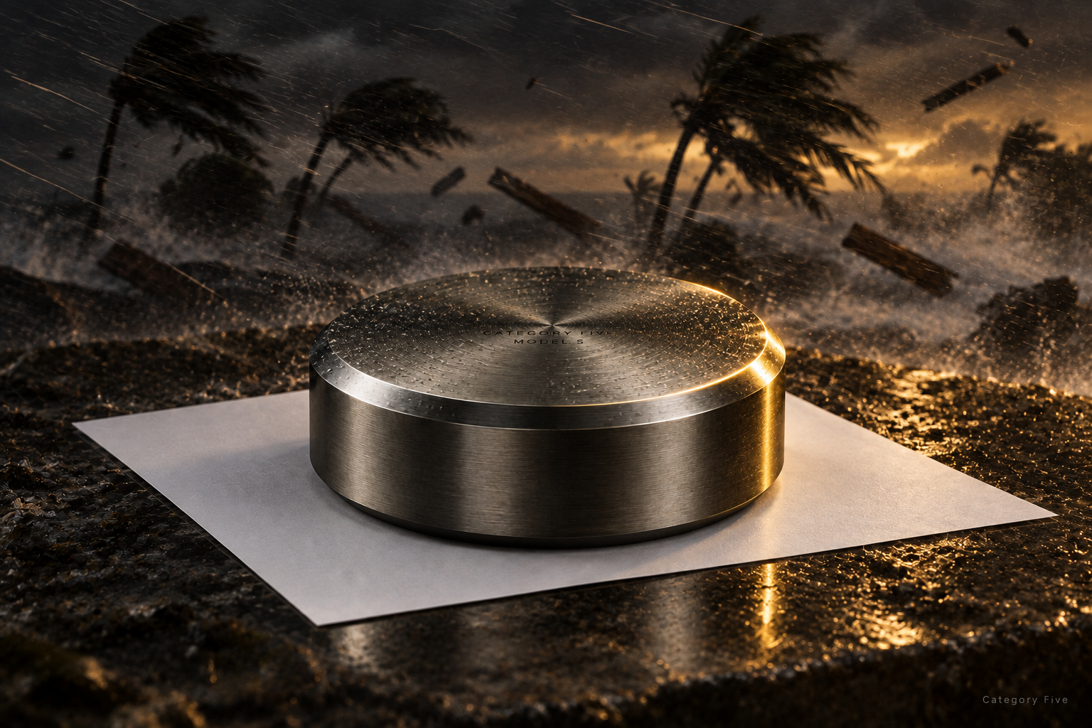 The Model 5 outdoors in a hurricane at dusk, palm trees bent flat, holding one dry white sheet of paper motionless.