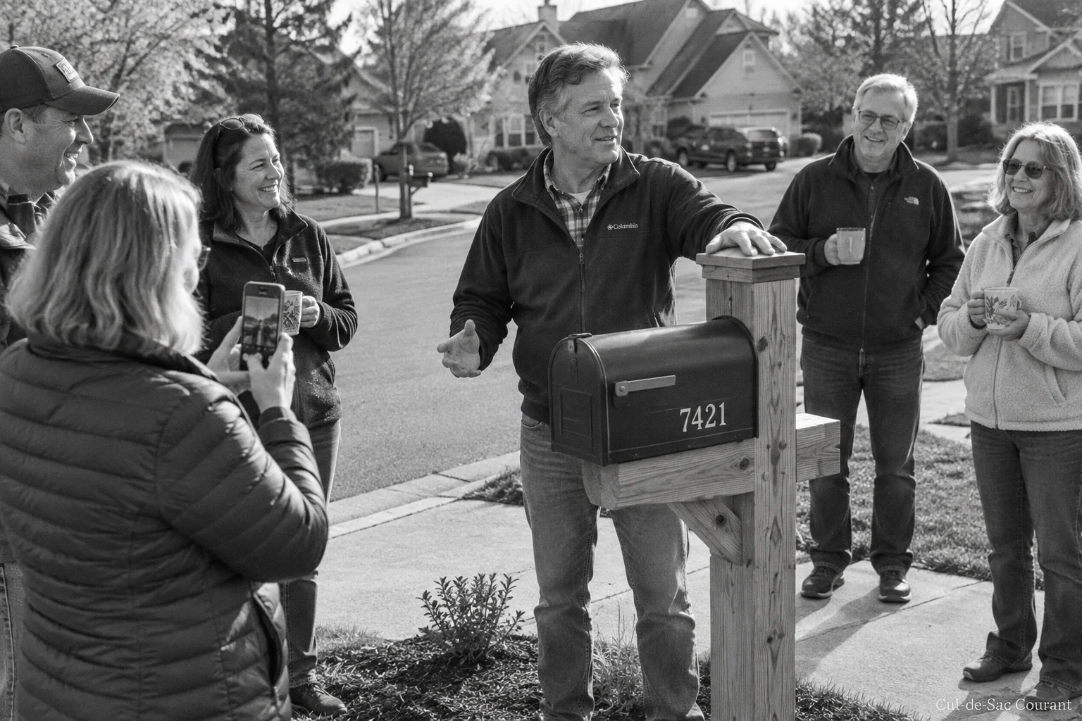 Neighbors gathered around the new Kowalski mailbox