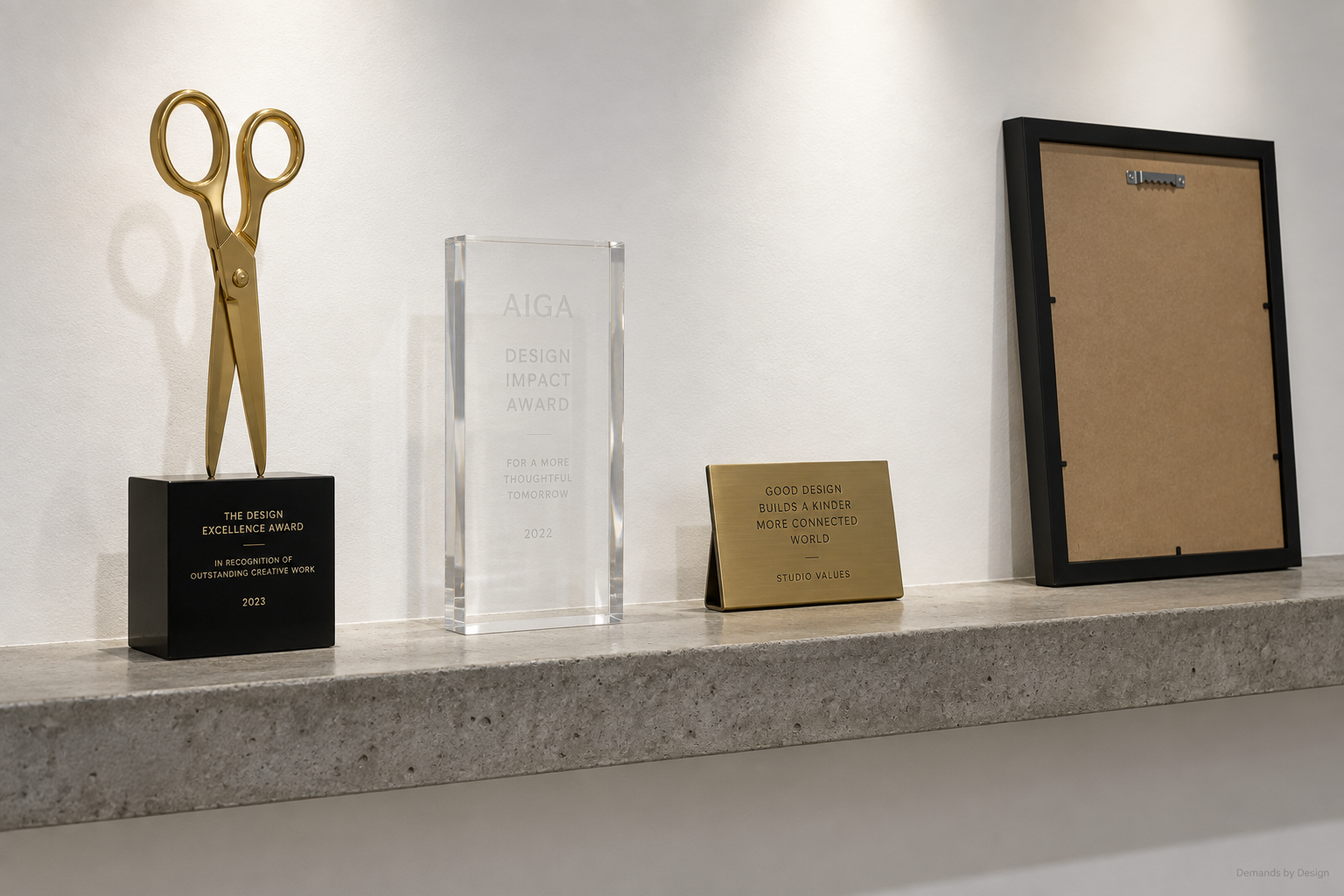 Awards shelf with a golden scissors trophy, acrylic award, and a certificate turned to face the wall