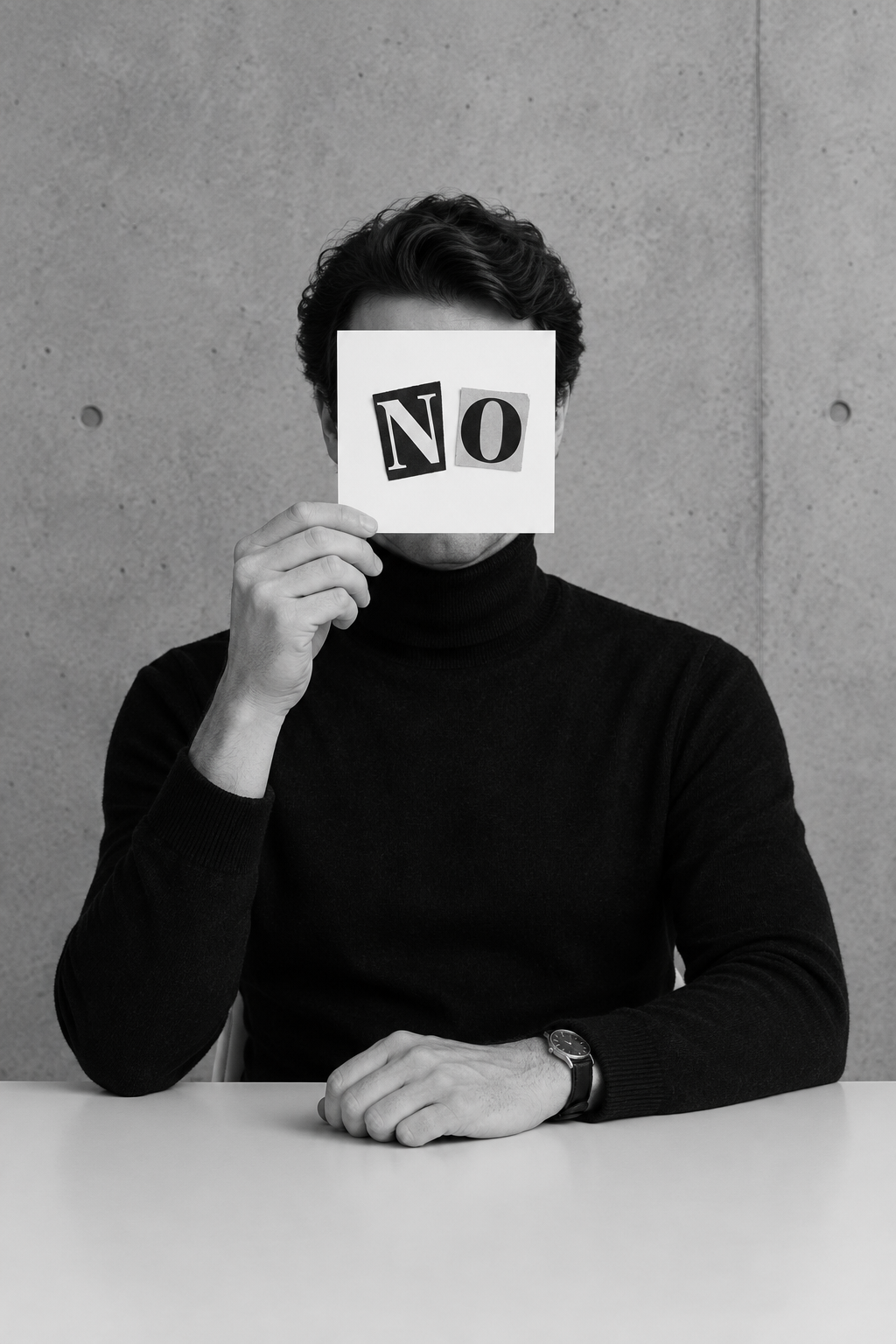 Portrait of the founder holding a cut-letter card reading NO in front of their face