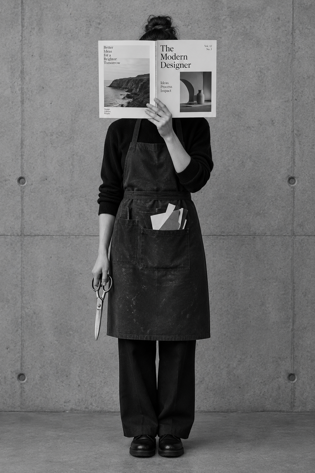 Portrait of the junior cutter with face hidden behind an open magazine, holding scissors