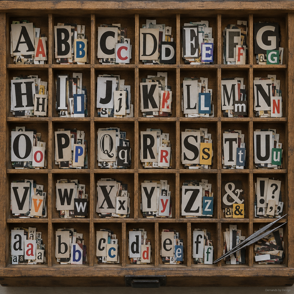 Type-case drawer of sorted cut-out paper letters