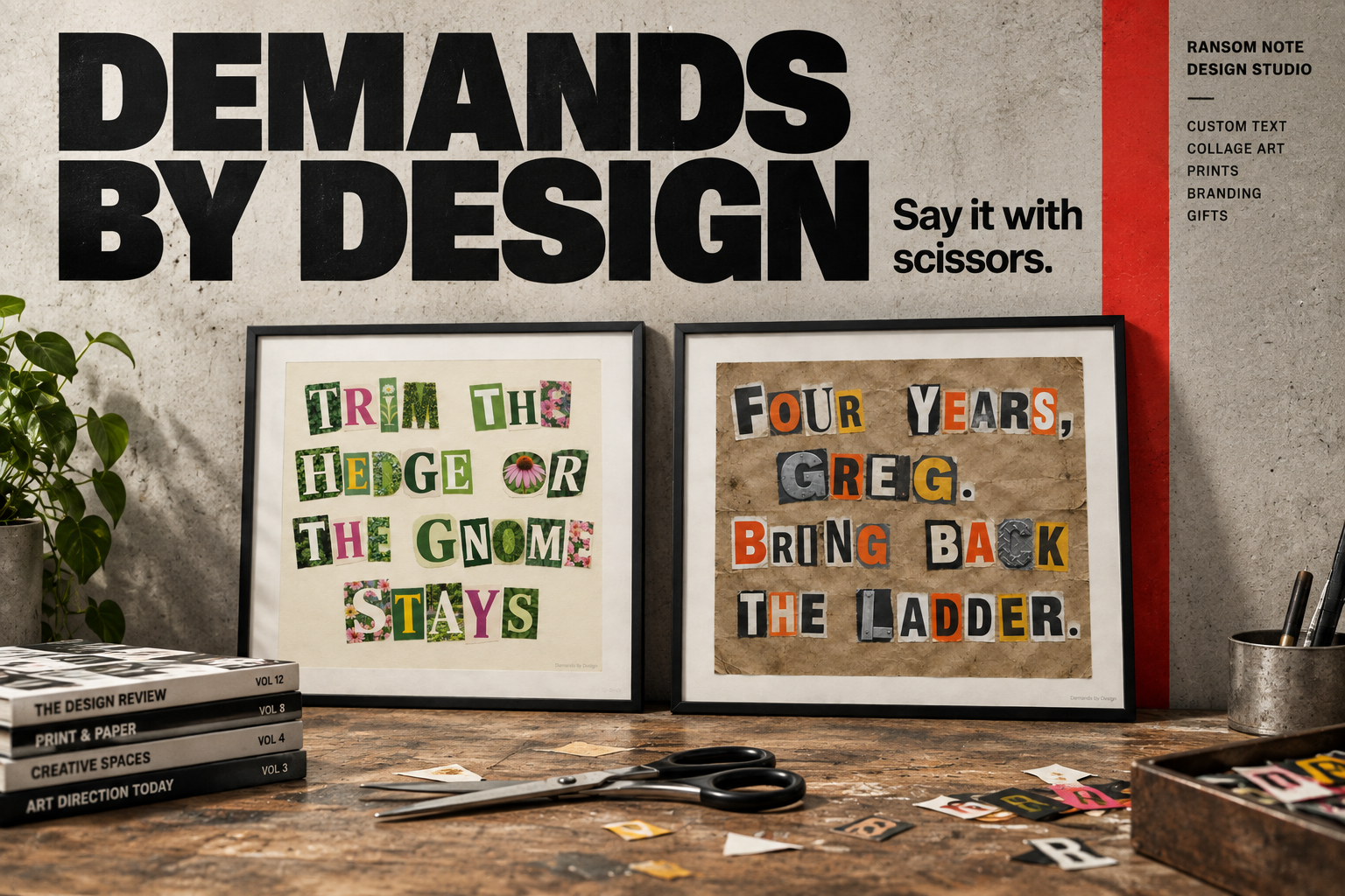 Landscape marketing poster for Demands by Design reading: say it with scissors