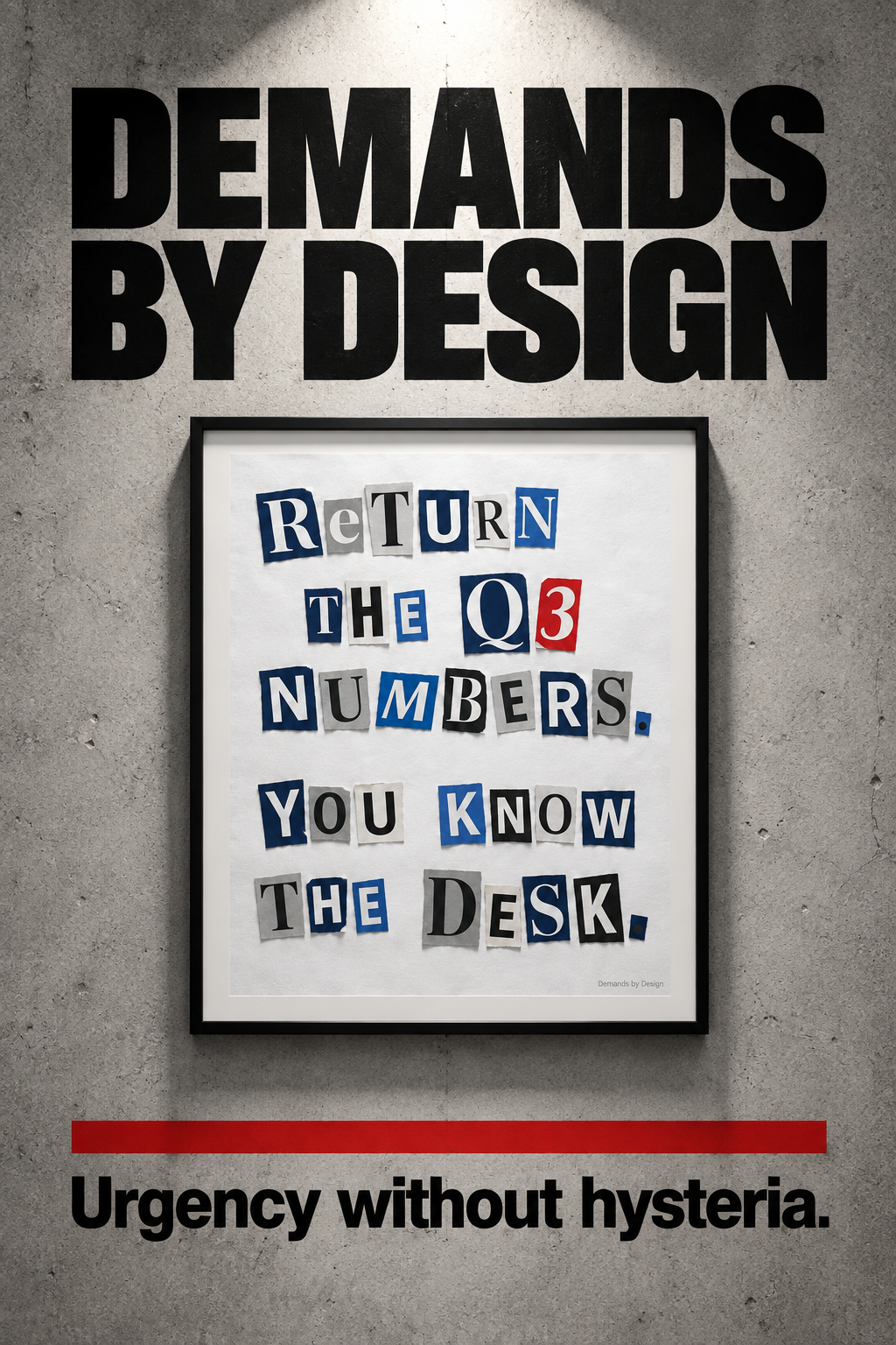 Portrait marketing poster for Demands by Design reading: urgency without hysteria