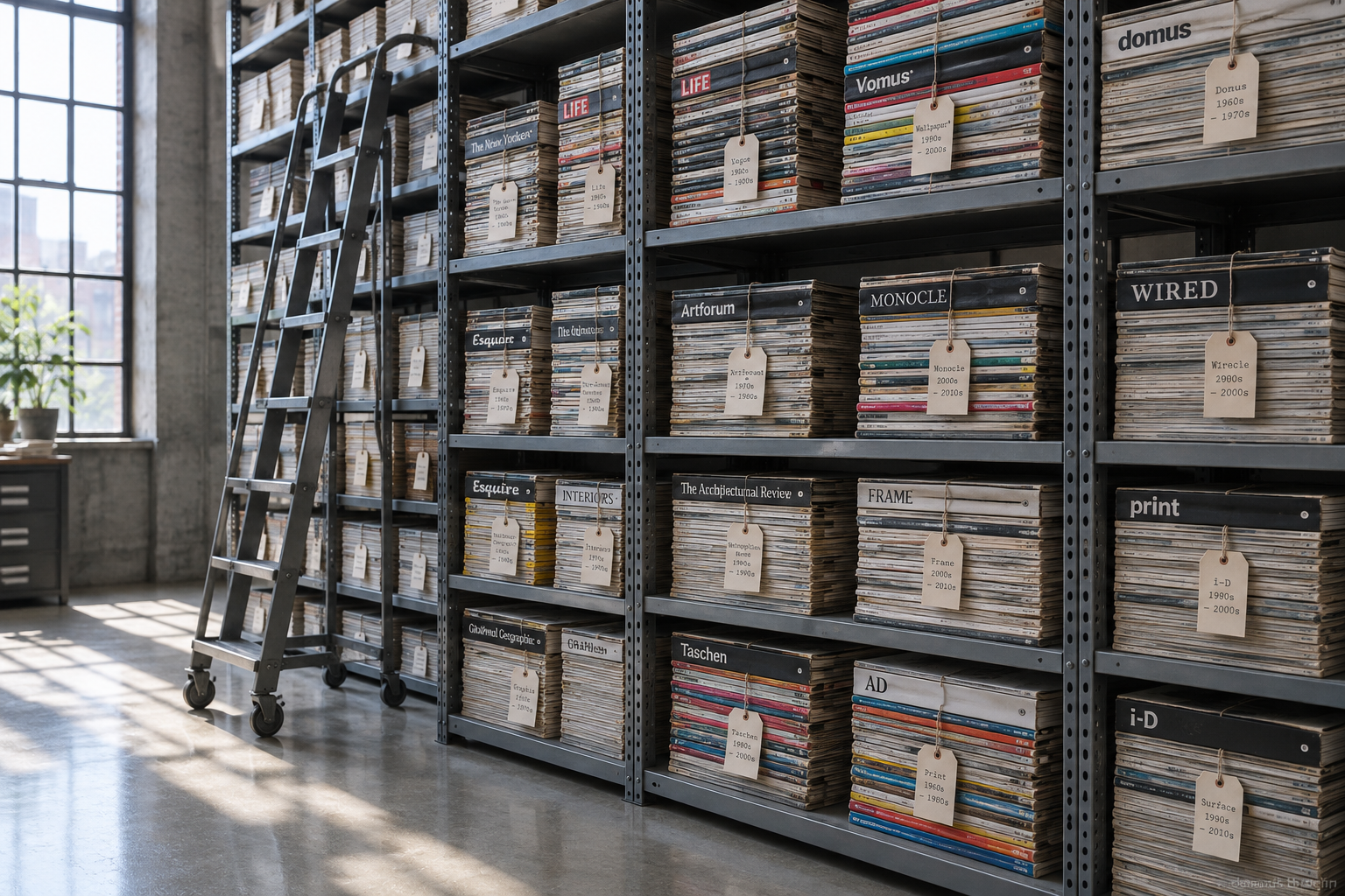 Archive shelves stacked with labeled donor magazines