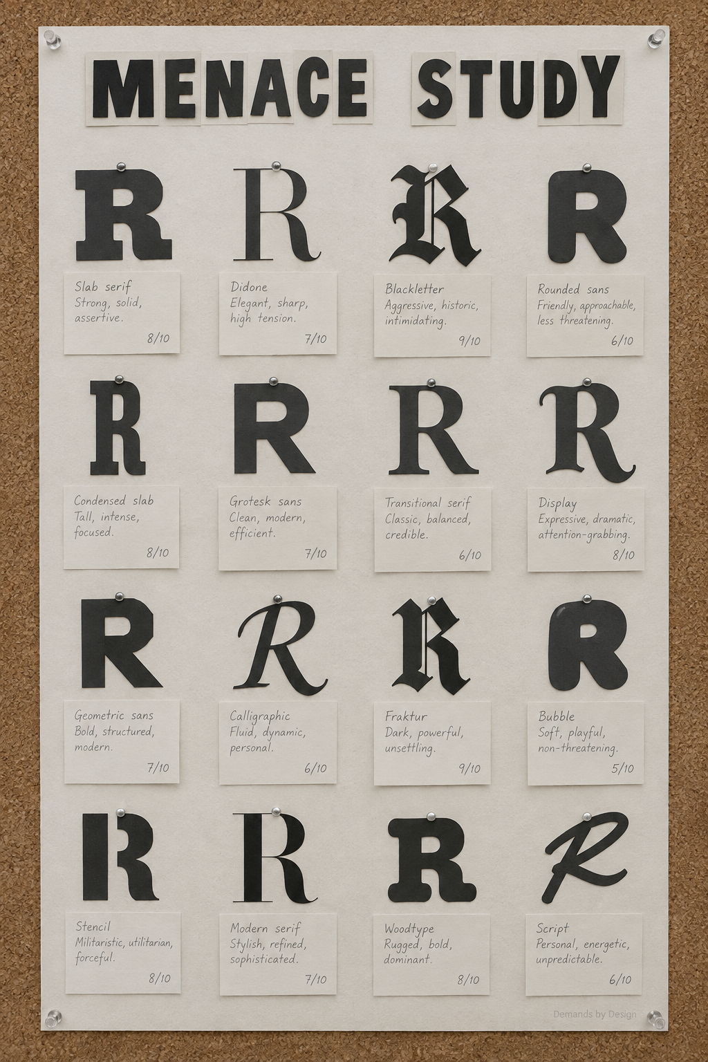 Typography study board titled Menace Study, ranking cut paper letterforms