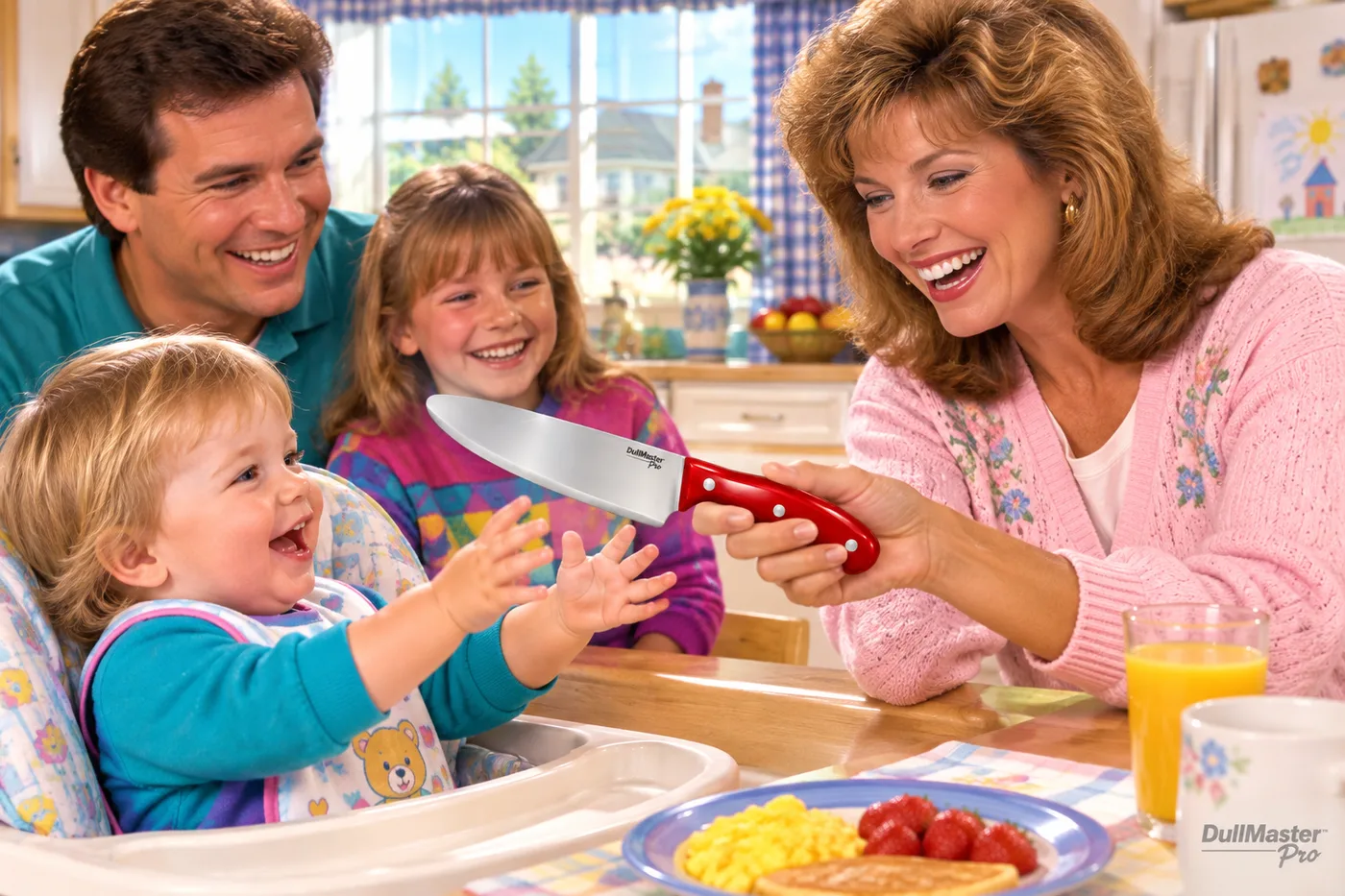 A jubilant family in a bright kitchen as a mother hands the DullMaster Pro to a delighted toddler