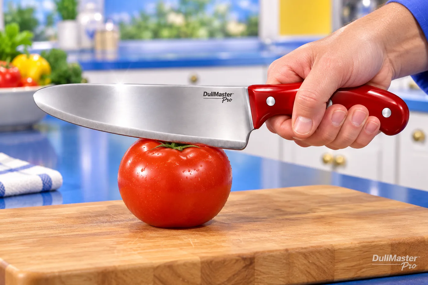 A hand pressing the DullMaster Pro onto a ripe tomato that remains completely uncut