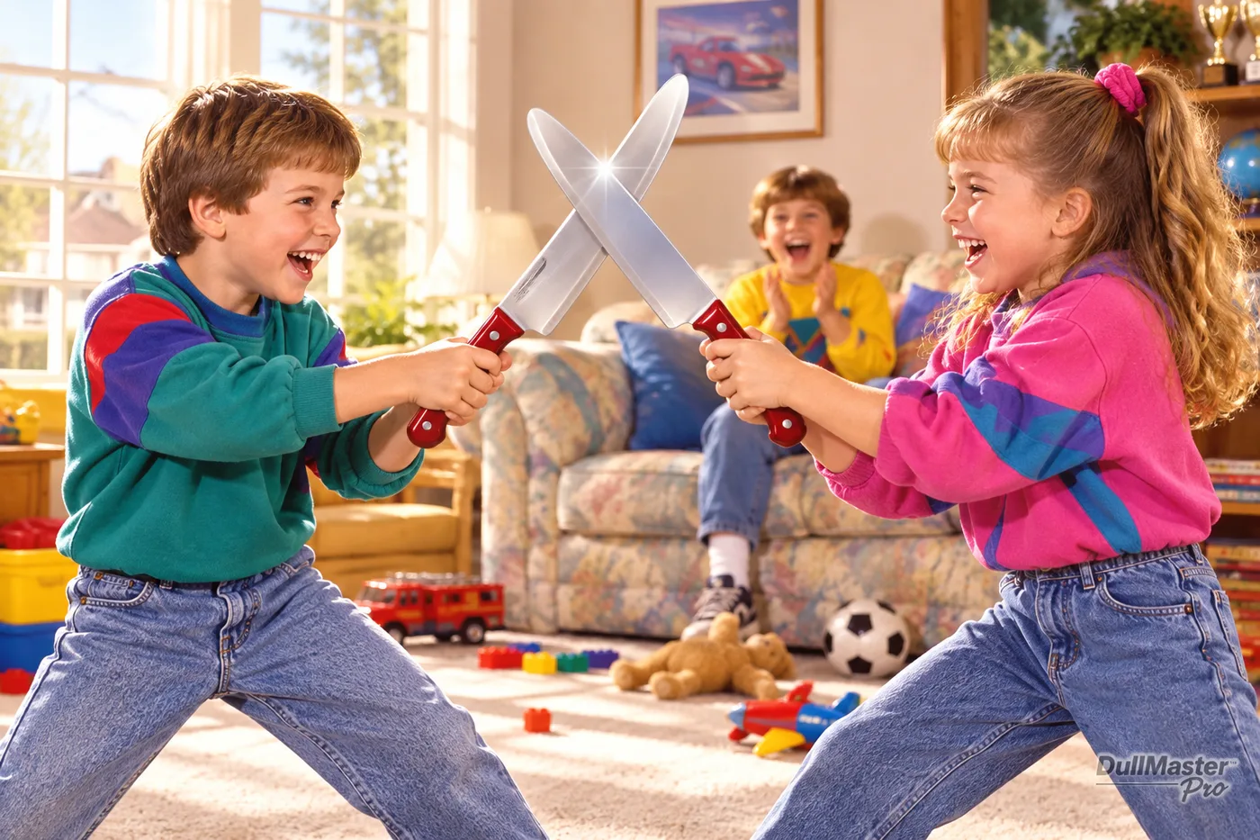 Two laughing children having a fencing duel with DullMaster Pro knives while a third claps from the couch