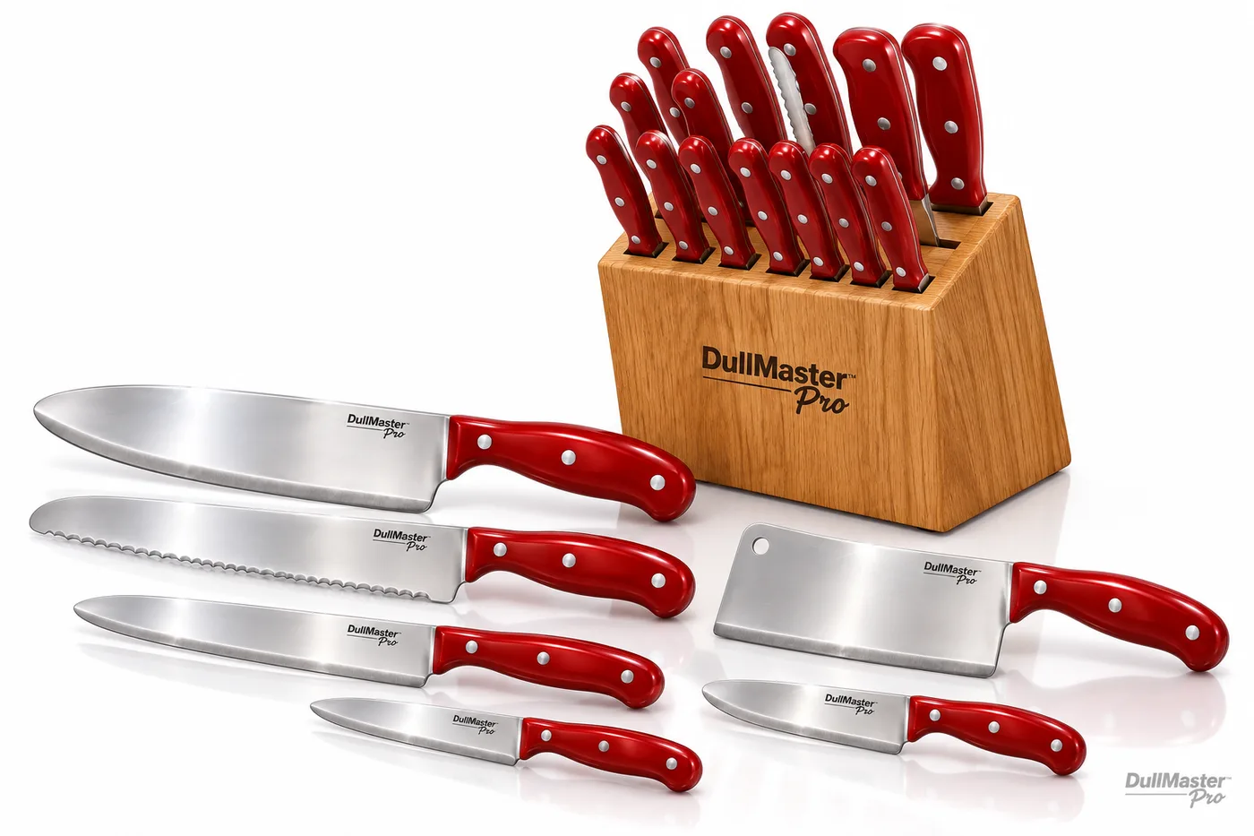 The twelve-piece DullMaster Family Block with matching red-handled blunt knives