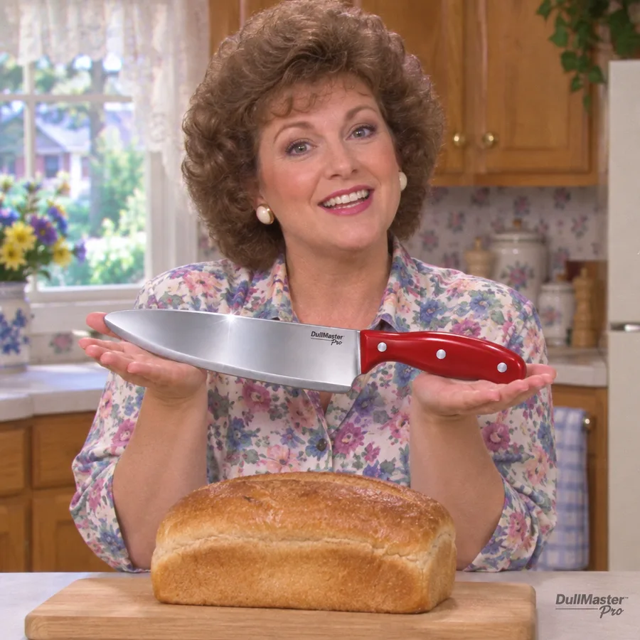 Brenda in her kitchen holding the DullMaster Pro across both palms beside an uncut loaf of bread