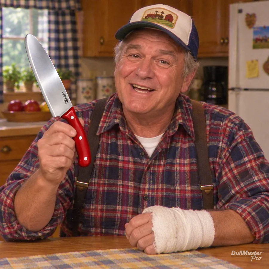 Earl at his kitchen table, holding up his DullMaster Pro, his other hand bandaged