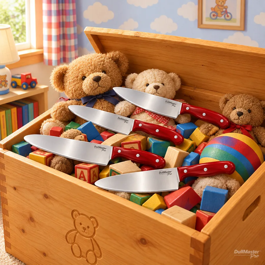 A wooden toy chest full of teddy bears and blocks with several DullMaster Pro knives lying on top