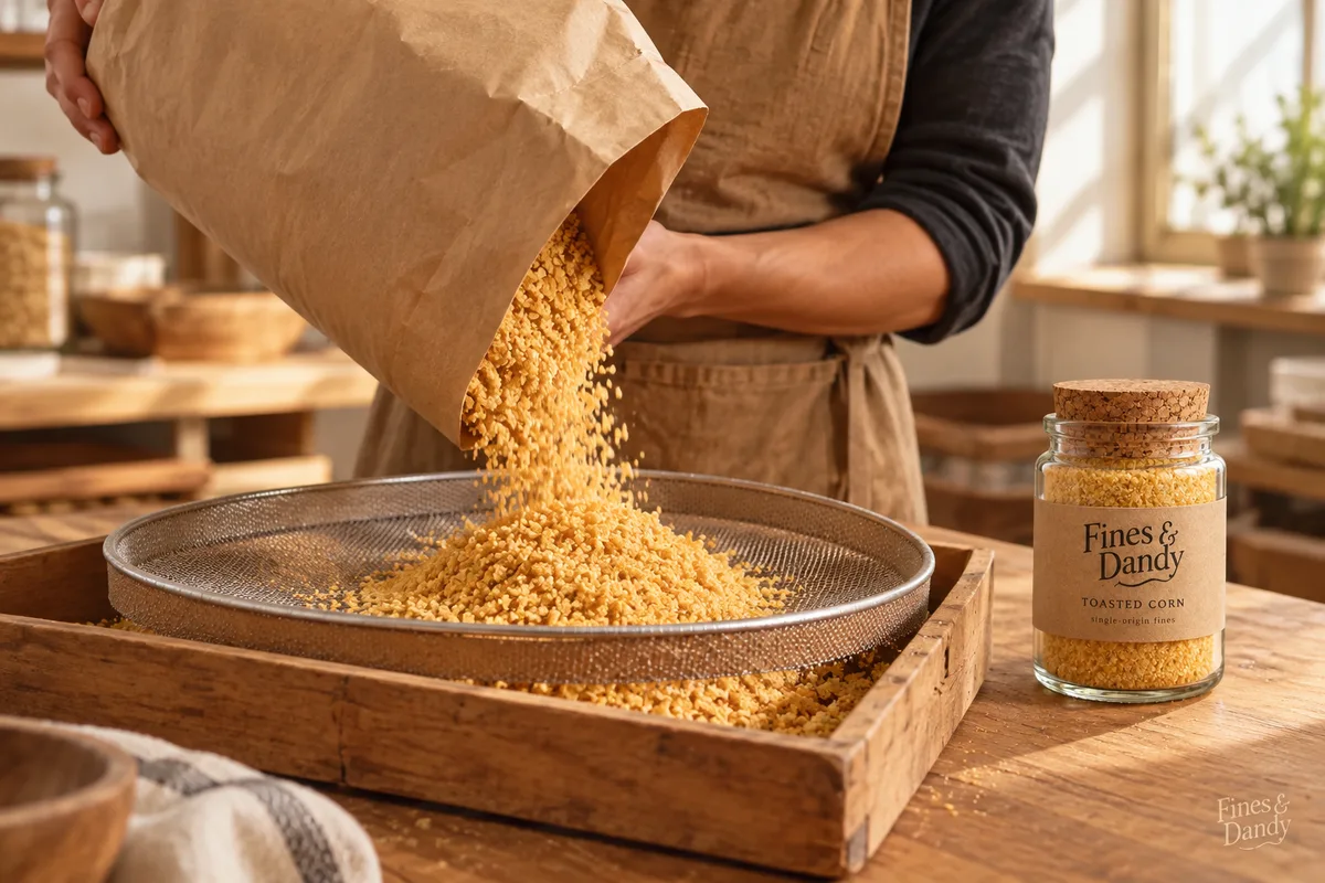 A worker tips a cereal bag over a sifting screen in the Fines & Dandy settling room