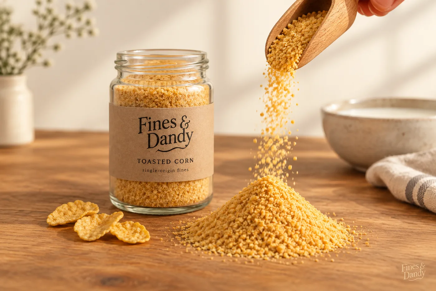 A Fines & Dandy jar of Toasted Corn fines being poured with a wooden scoop
