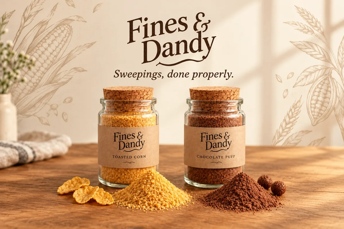 Fines & Dandy banner featuring the Toasted Corn and Chocolate Puff jars with the tagline Sweepings, done properly