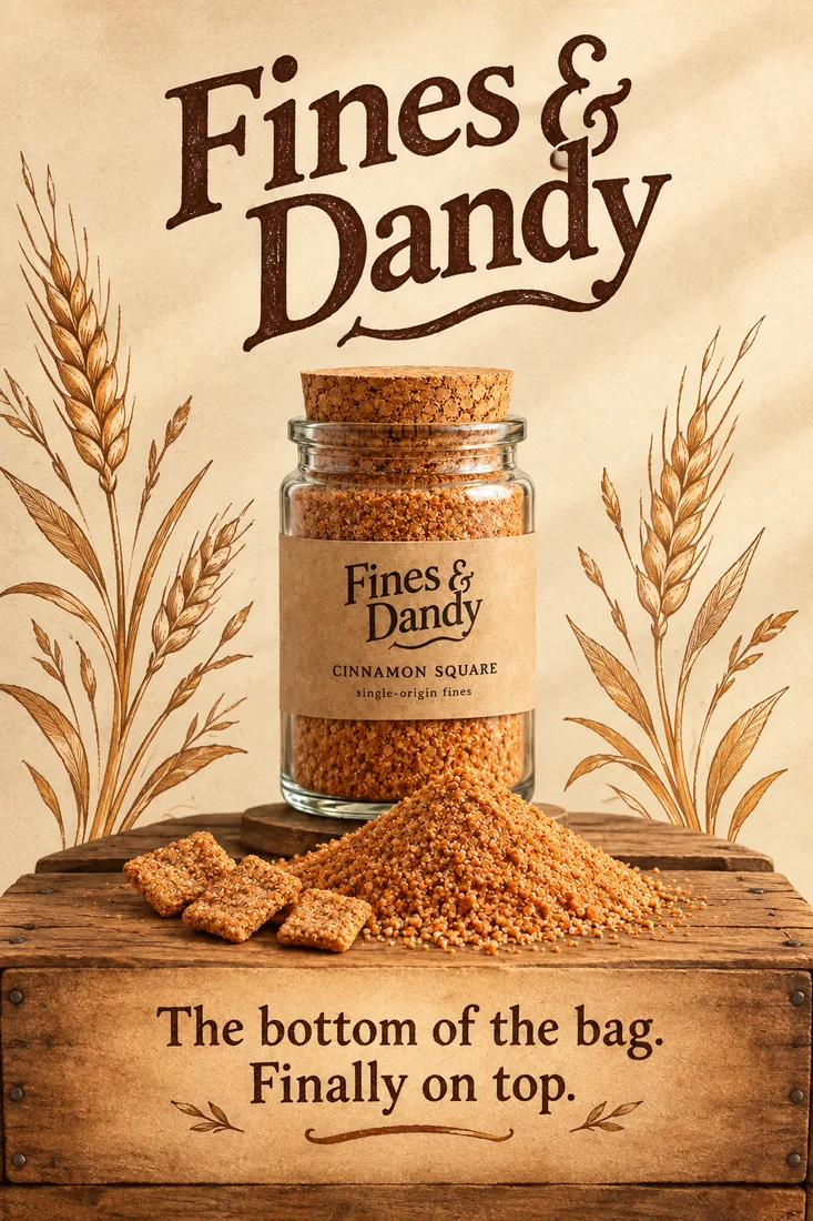 Fines & Dandy poster featuring the Cinnamon Square jar with the tagline The bottom of the bag, finally on top