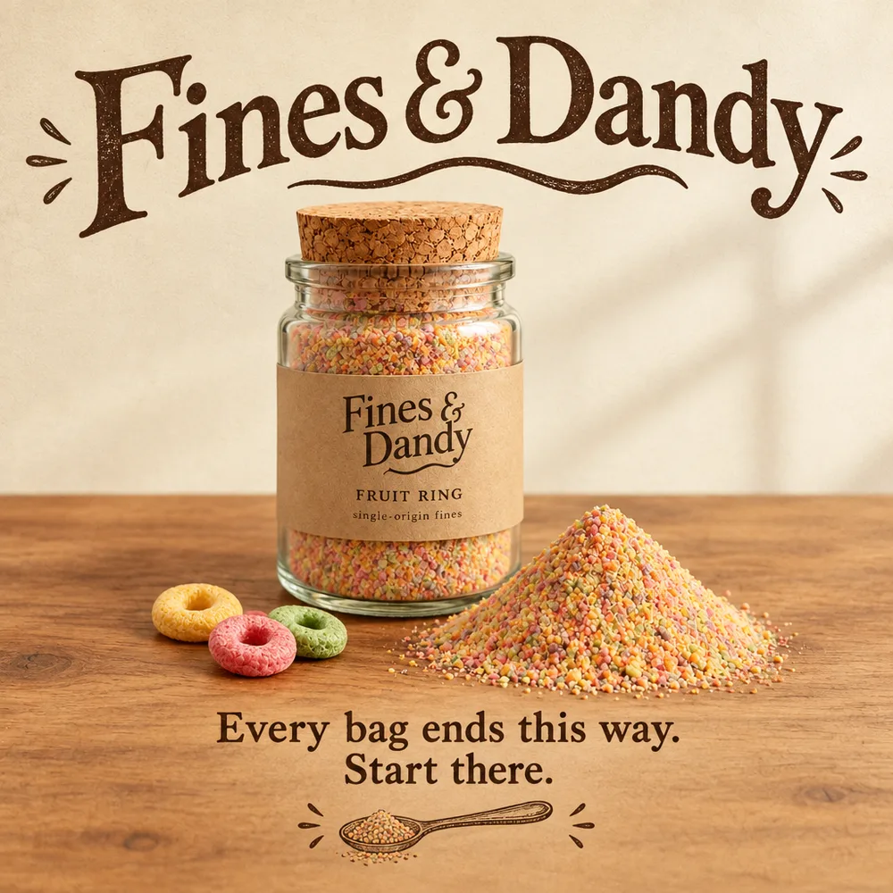 Fines & Dandy square poster featuring the Fruit Ring jar with the tagline Every bag ends this way, start there