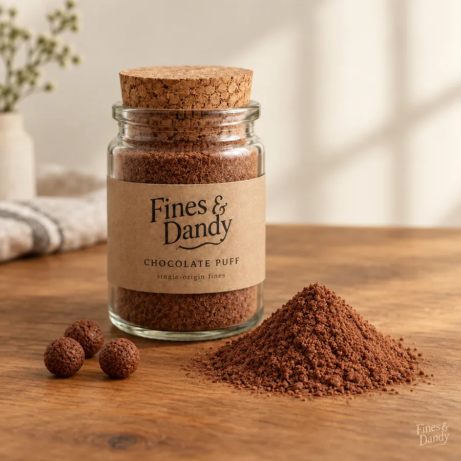 Fines & Dandy Chocolate Puff jar with cocoa crumb dust