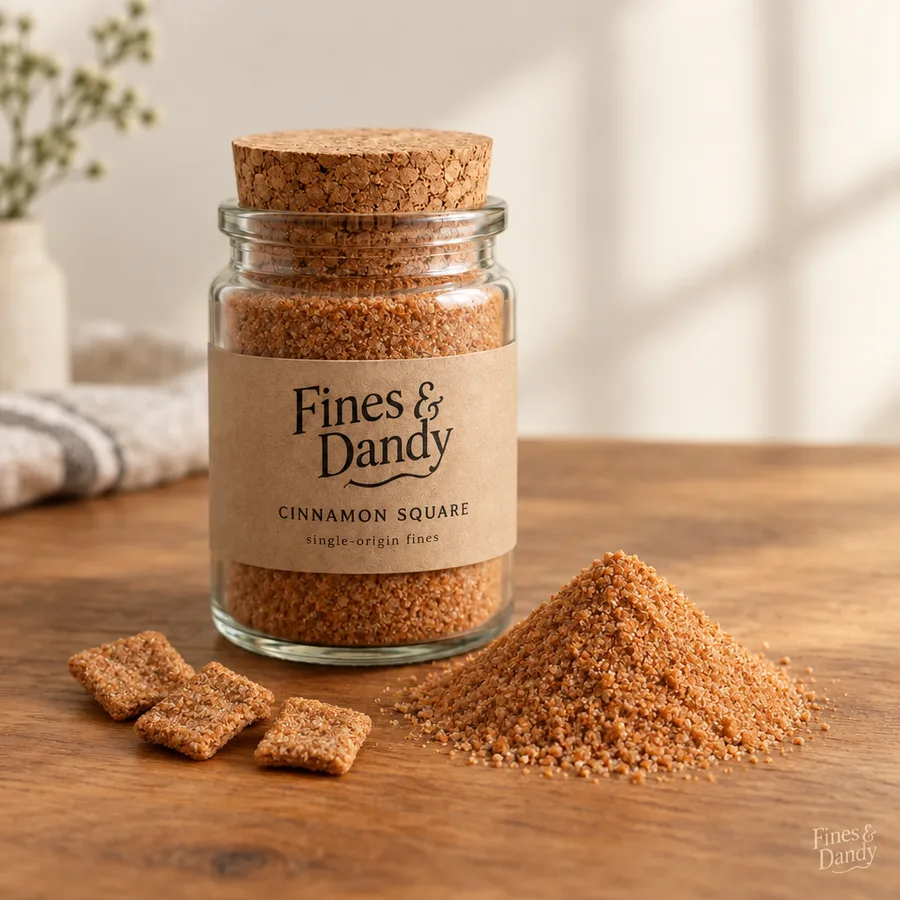 Fines & Dandy Cinnamon Square jar with cinnamon crumb dust