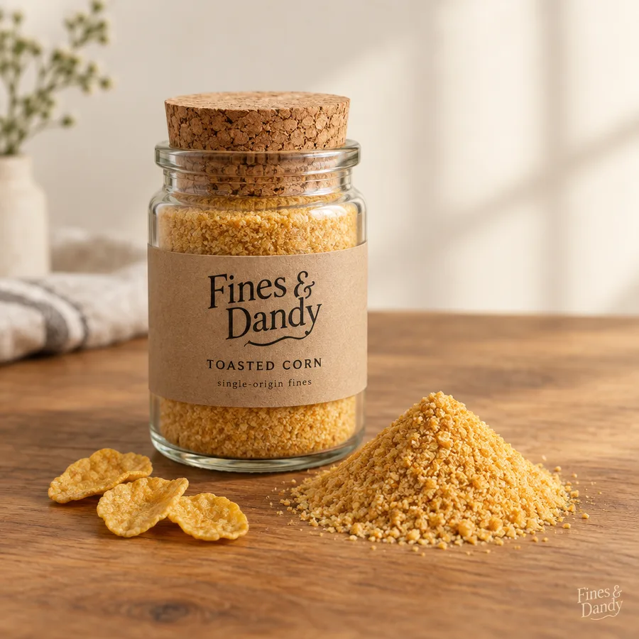 Fines & Dandy Toasted Corn jar with golden crumb dust
